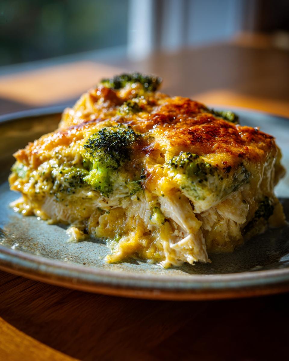 A close-up serving of creamy Chicken Divan featuring shredded chicken, broccoli florets, and a golden-brown, cheesy baked top.
