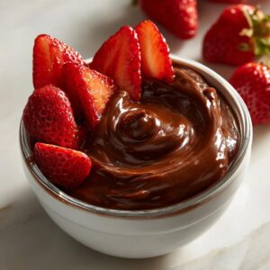 Close-up of a small white bowl filled with rich, creamy chocolate dip, topped with sliced fresh strawberries.
