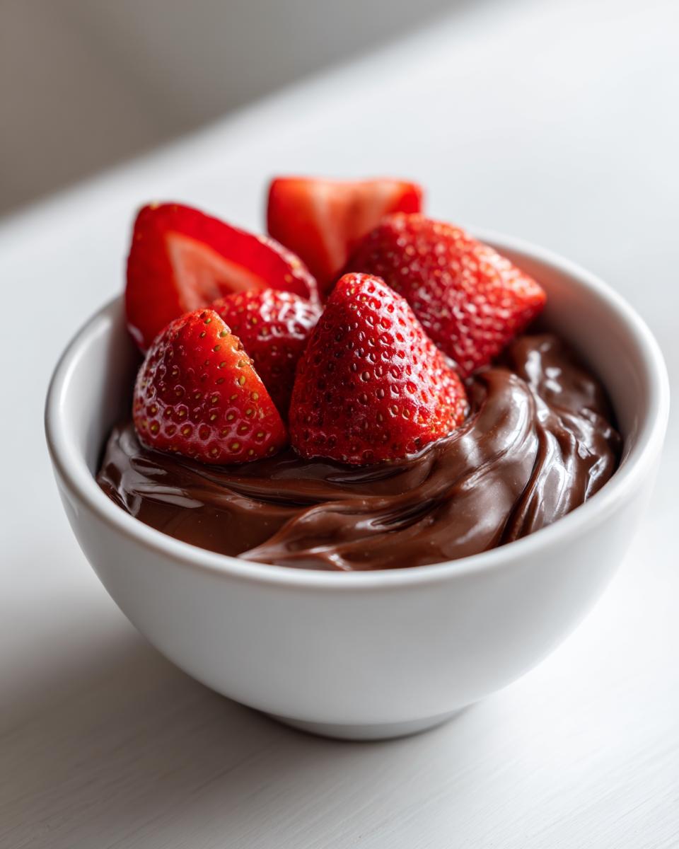 A white bowl filled with creamy chocolate dip topped with fresh, halved strawberries.