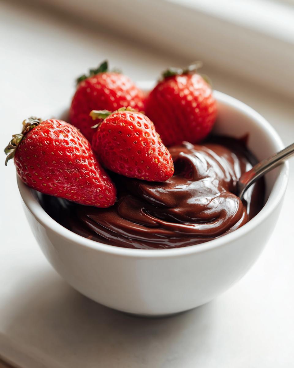A white bowl filled with rich, creamy chocolate dip, topped with four fresh strawberries.
