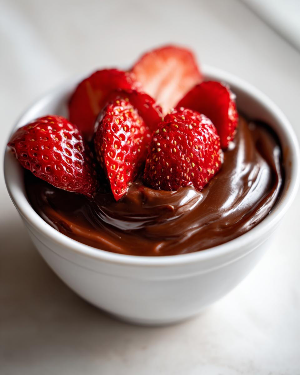Close-up of a creamy chocolate dip in a white bowl garnished with sliced fresh strawberries.