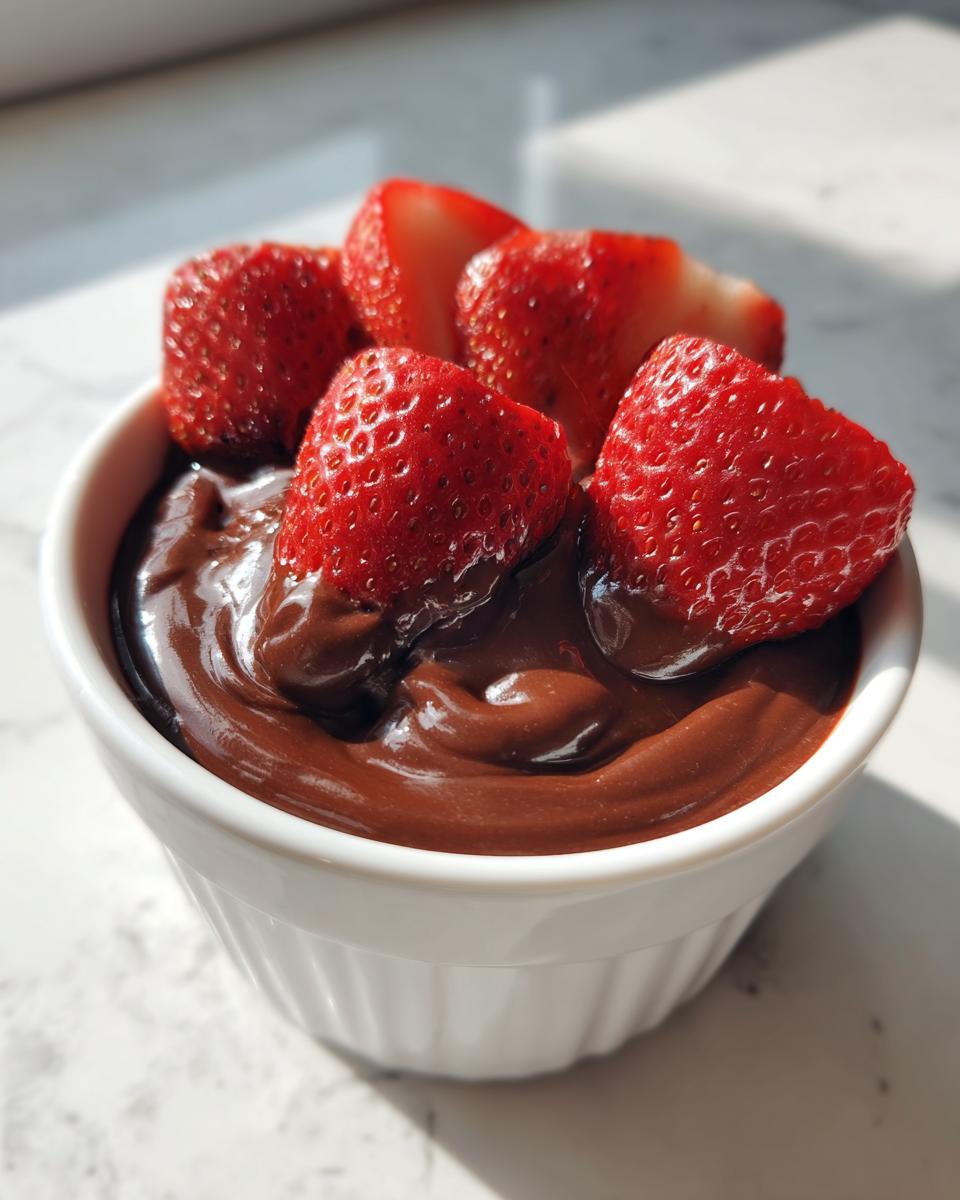 A small white ramekin filled with creamy chocolate dip, topped with fresh, sliced strawberries.