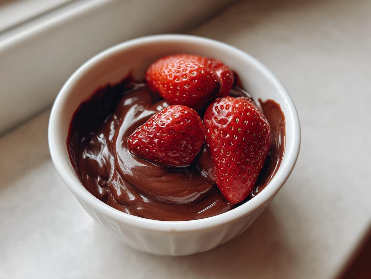 Close-up of a small white bowl filled with creamy chocolate dip, topped with three fresh, bright red strawberries.