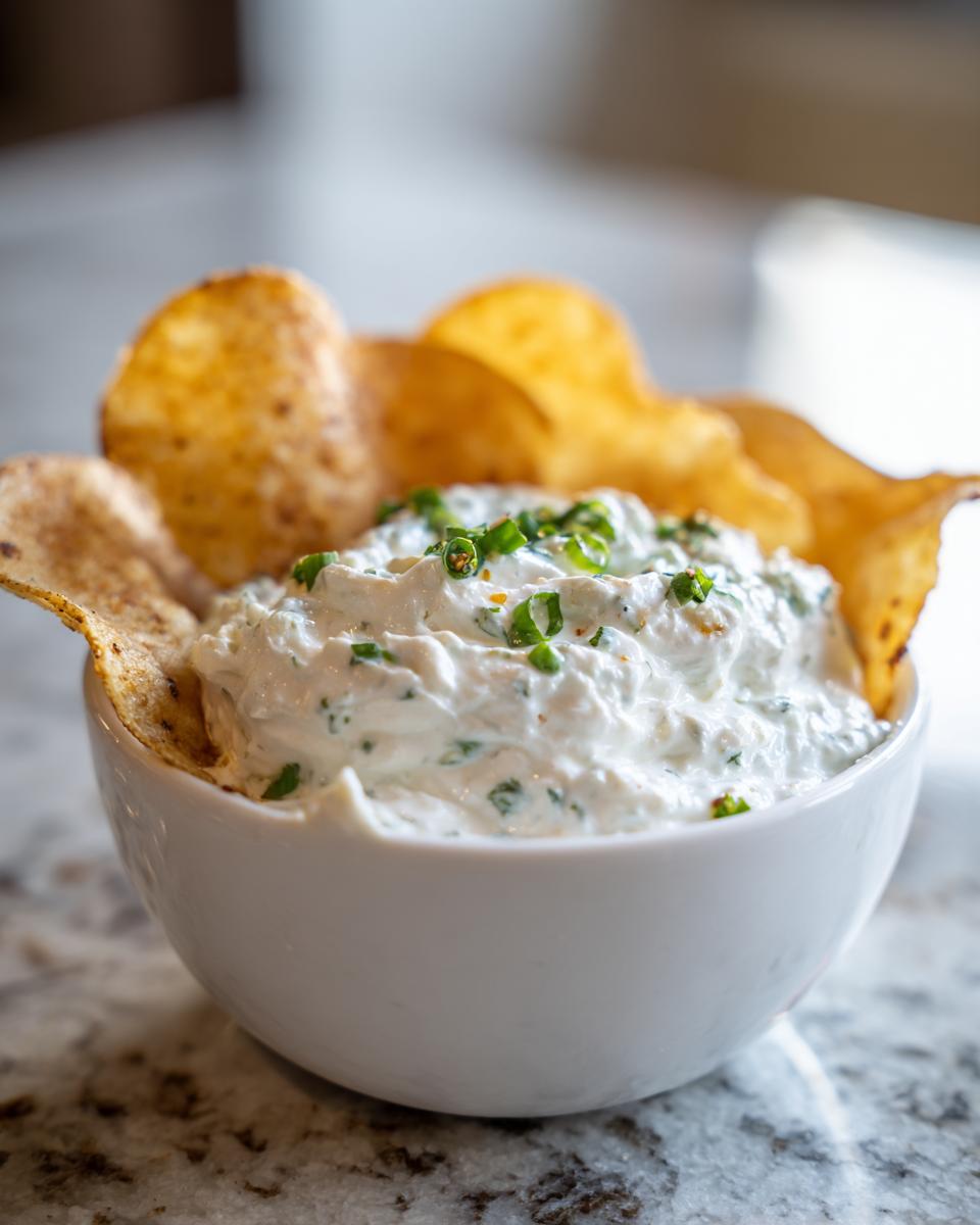 A white bowl filled with creamy clam dip, garnished with chives, served with tortilla chips.