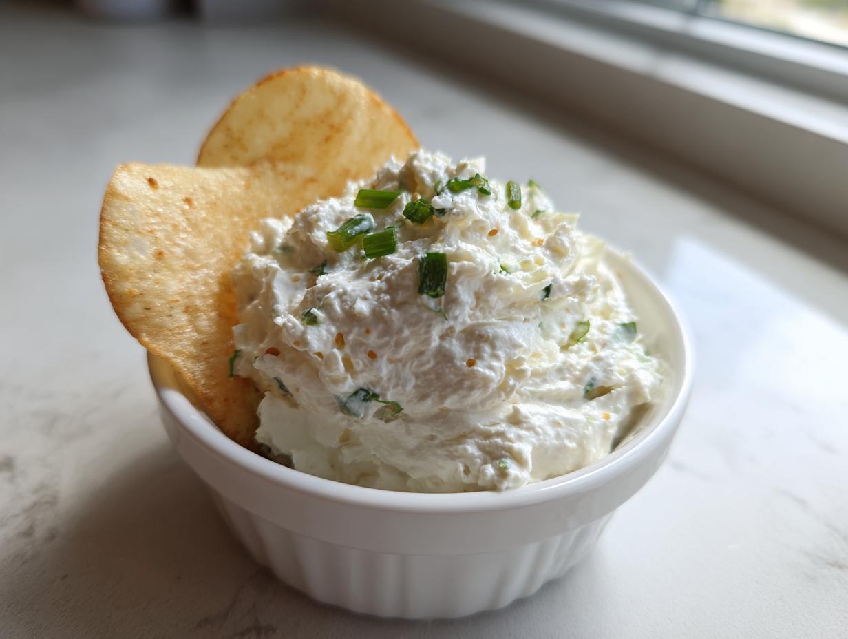 A small white bowl filled with creamy clam dip, topped with chopped chives, served with a potato chip.