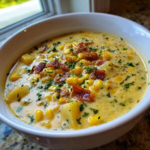 Close-up of a creamy bowl of corn chowder recipe, featuring corn, potatoes, bacon bits, and fresh parsley garnish.