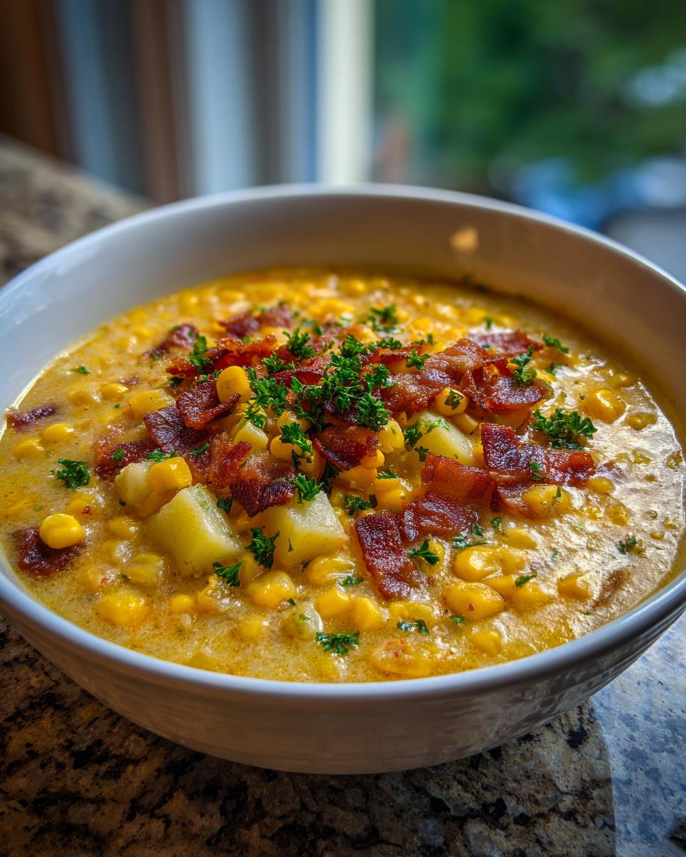 Close-up of a creamy, yellow corn chowder recipe topped generously with crispy bacon bits and fresh parsley.
