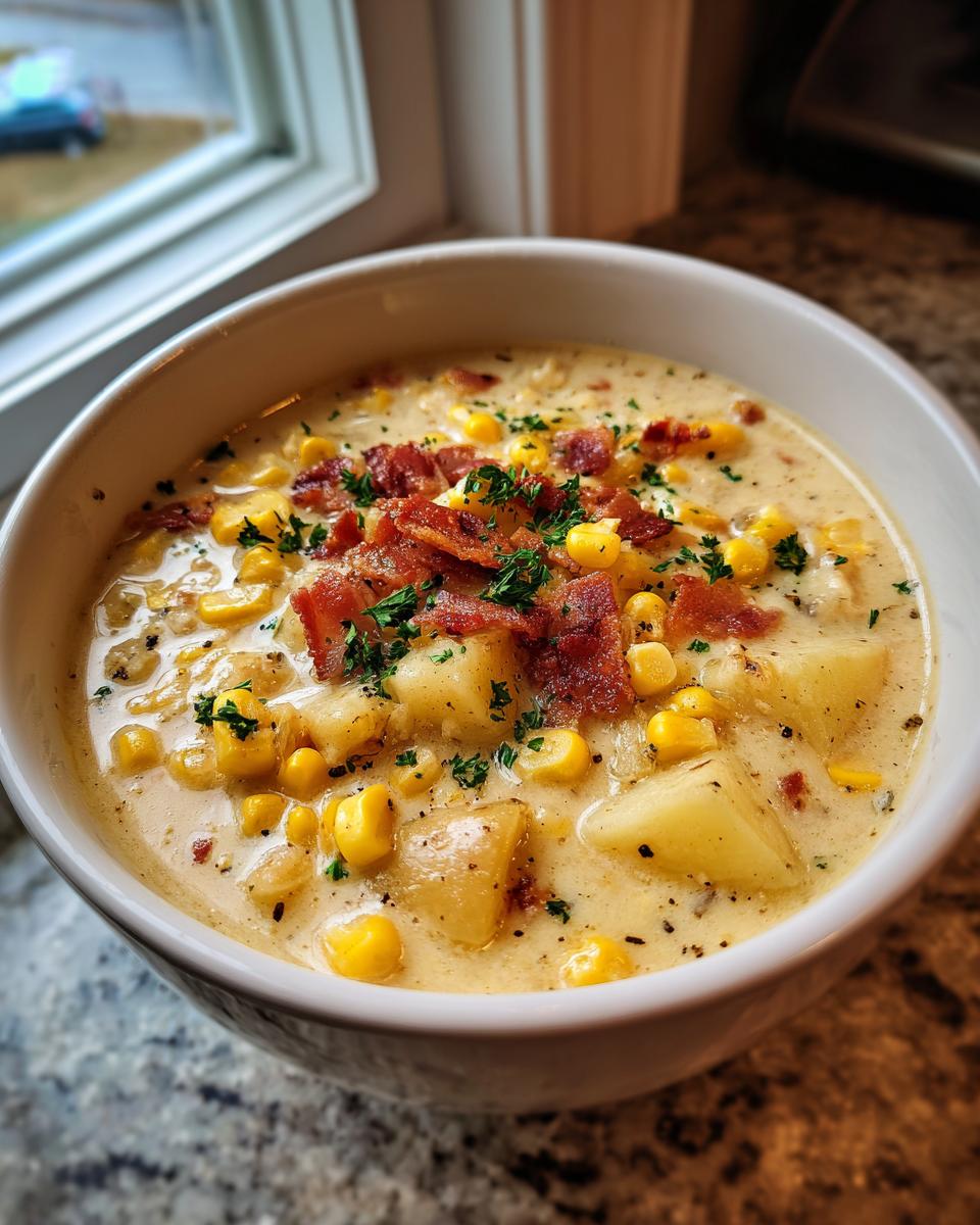 A close-up of a creamy bowl of corn chowder recipe, loaded with potatoes, corn kernels, and topped with crumbled bacon and parsley.