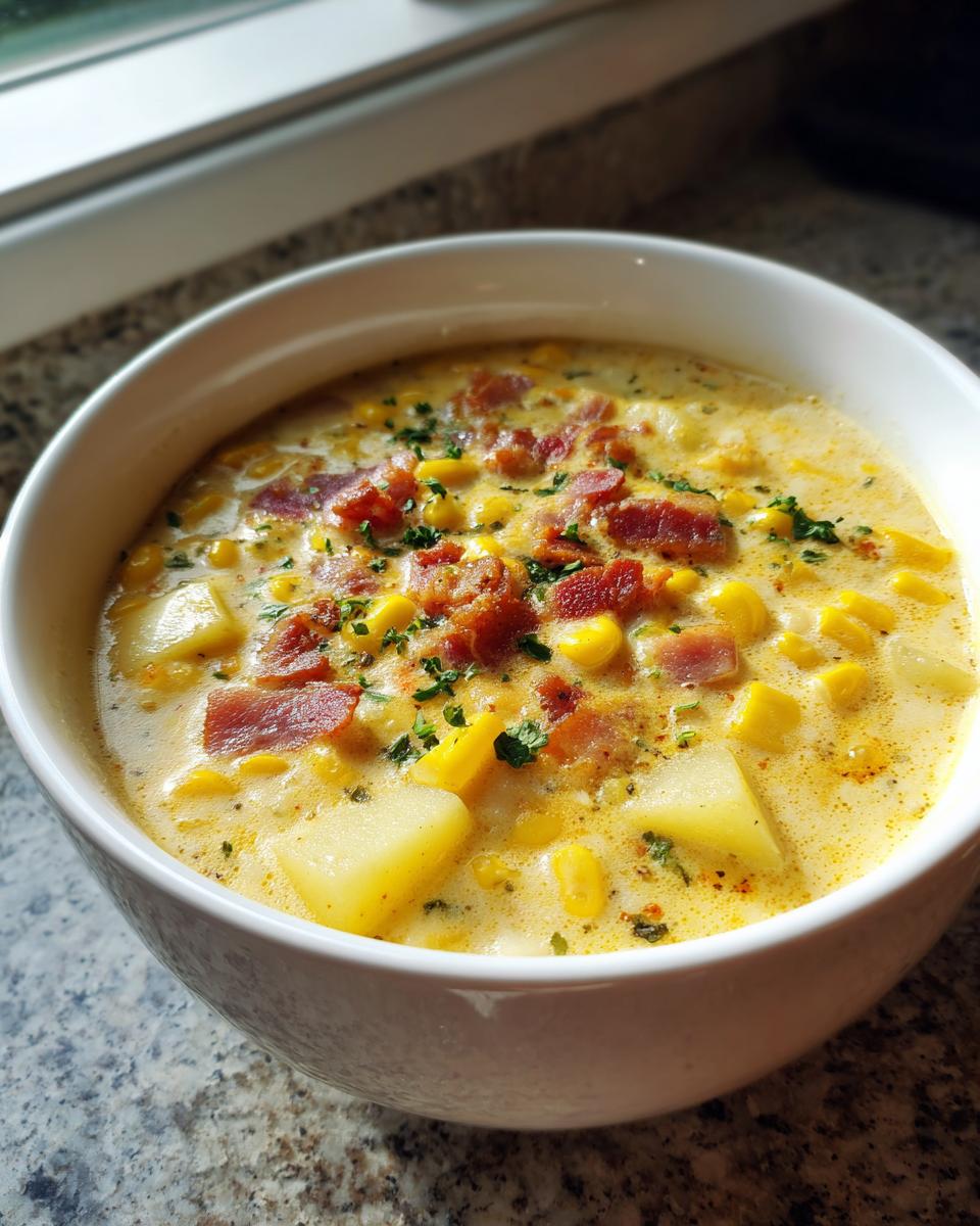 A close-up of a creamy bowl of corn chowder recipe topped with bacon bits and parsley.