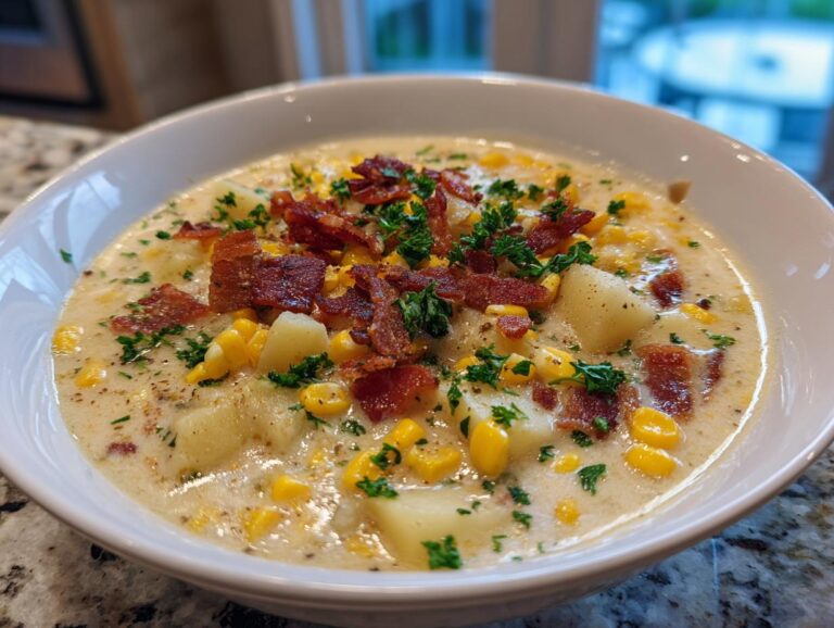 Close-up of a bowl of creamy corn chowder recipe, loaded with corn, potatoes, and crispy bacon bits.