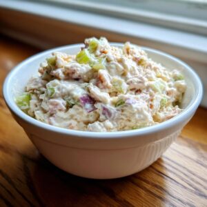 A white bowl filled with creamy ham salad recipe, featuring visible chunks of ham, celery, and red onion.