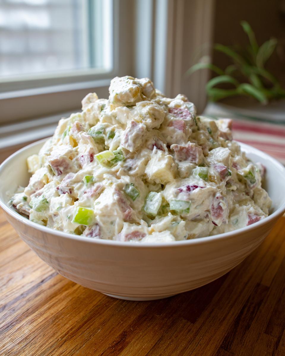 A large white bowl filled high with creamy ham salad recipe, featuring chunks of ham, celery, and dressing.