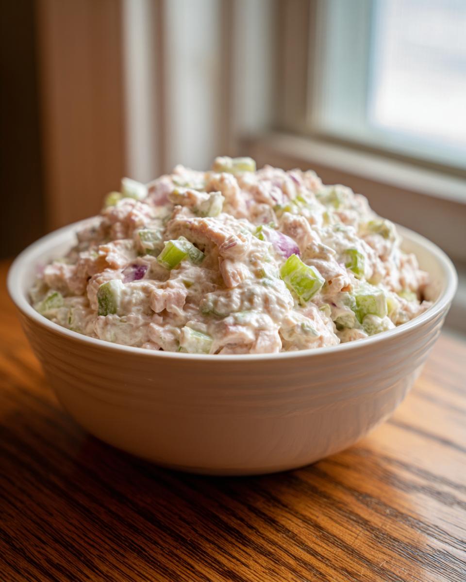 A close-up of a white bowl filled with creamy ham salad recipe, mixed with diced green celery and red onion.