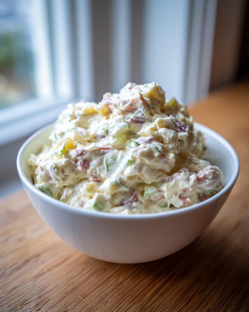 A white bowl filled with creamy ham salad recipe, featuring visible chunks of ham and celery, set on a wooden surface near a window.