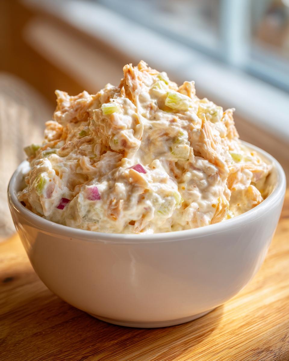 Close-up of a white bowl filled with creamy ham salad recipe, showing shredded ham, celery, and red onion.