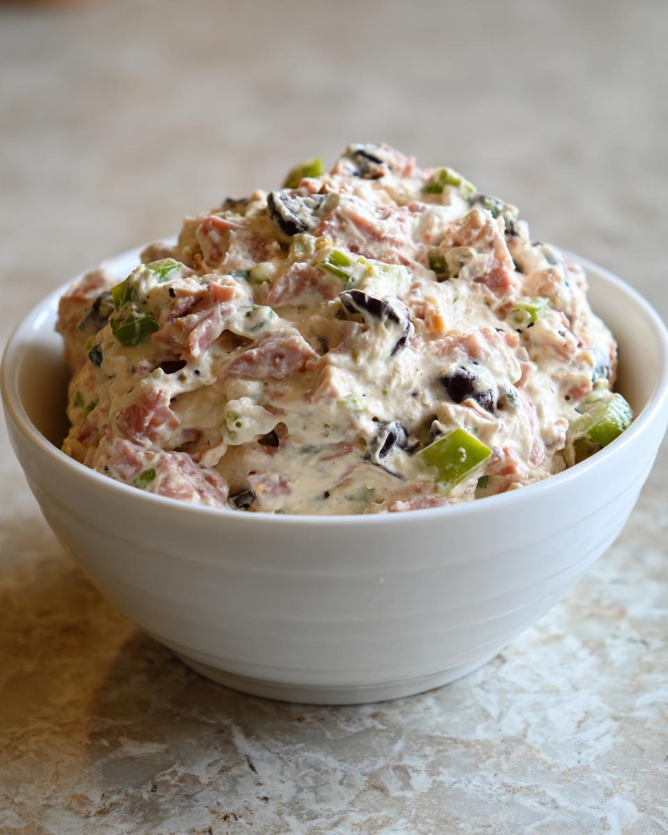 A white bowl filled with creamy hoagie dip mixed with chopped meat, black olives, and green peppers.