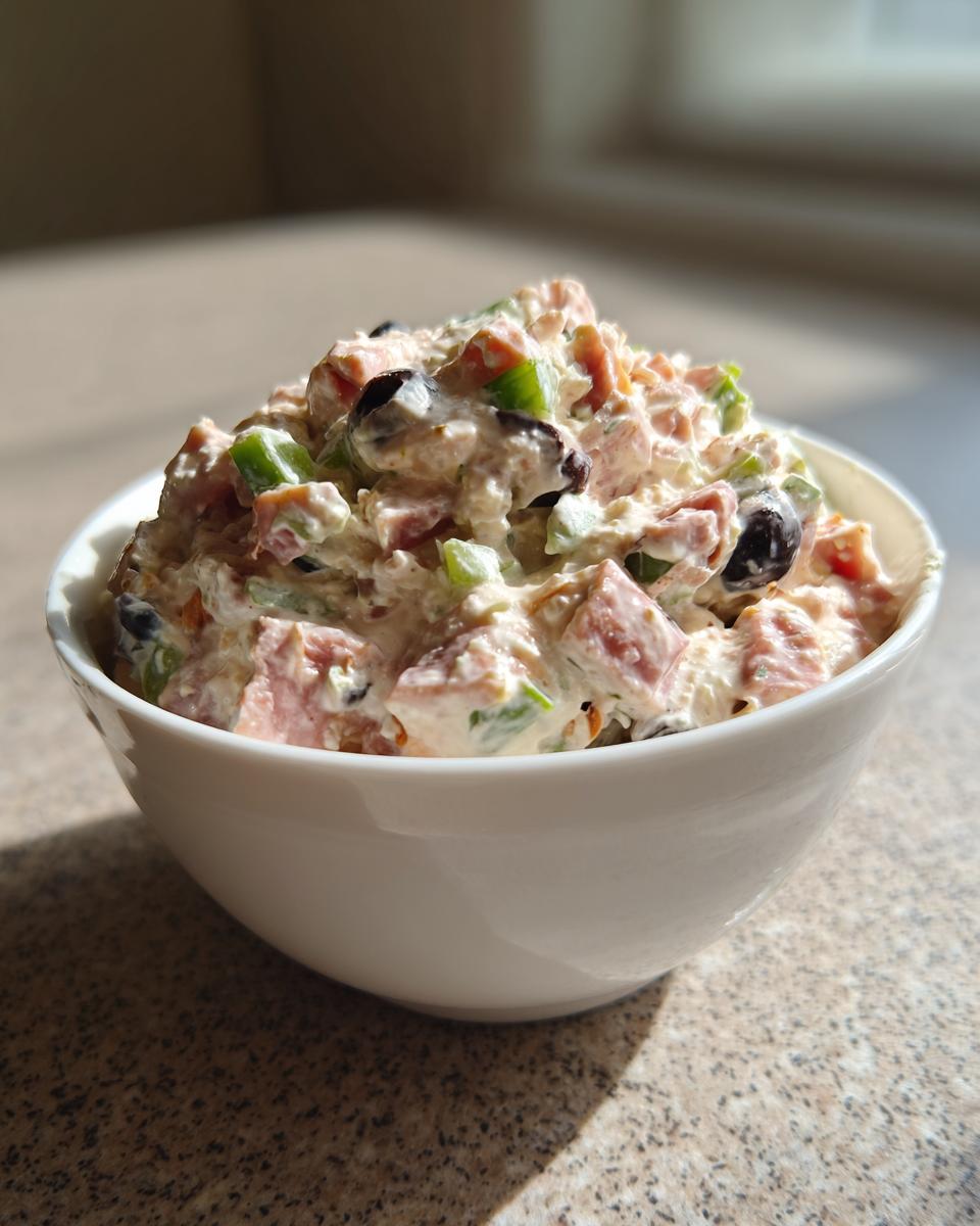 A white bowl filled with creamy hoagie dip mixed with chopped meat, green peppers, and black olives.
