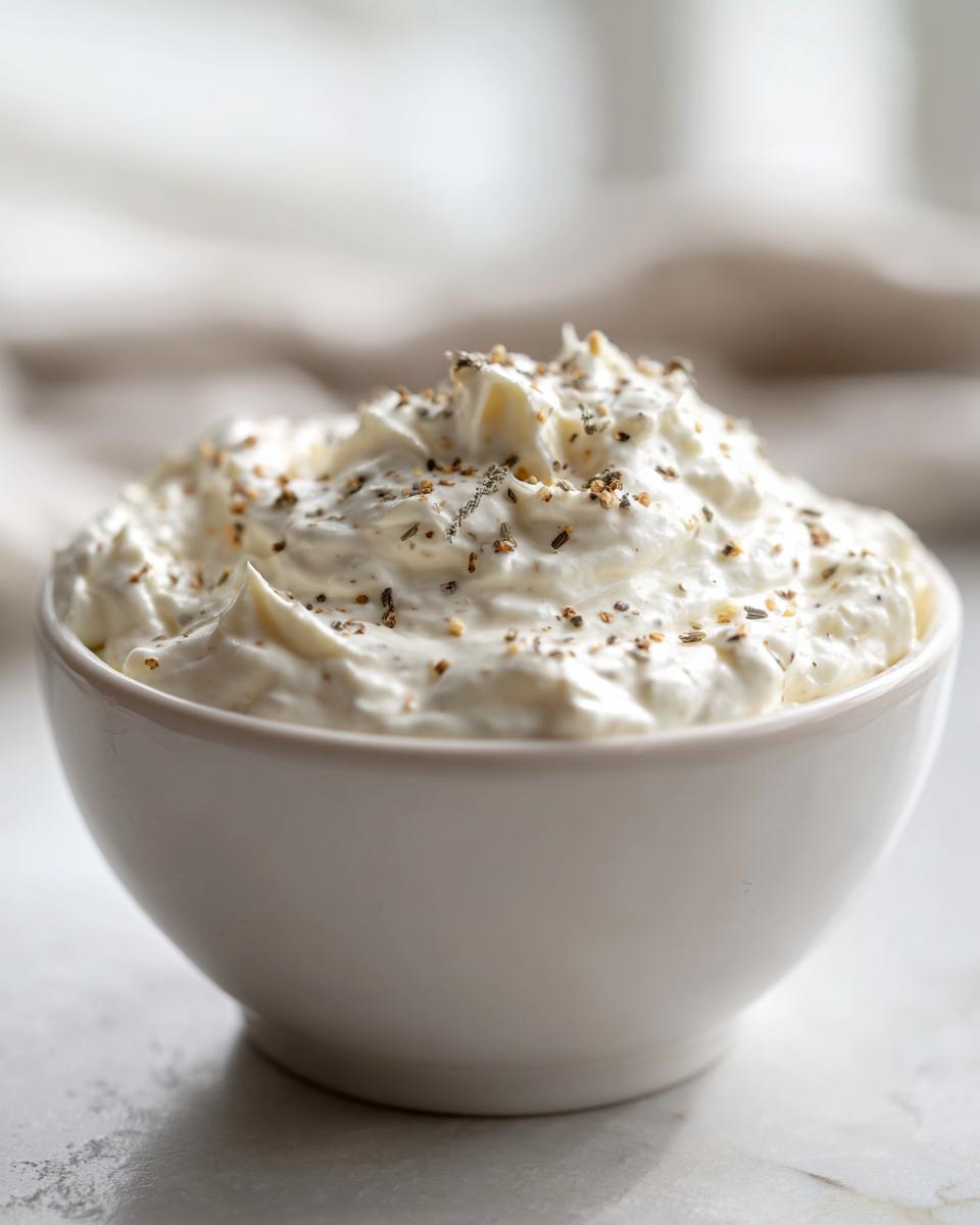 A white bowl filled with thick, creamy horseradish sauce, garnished with dried herbs and spices.
