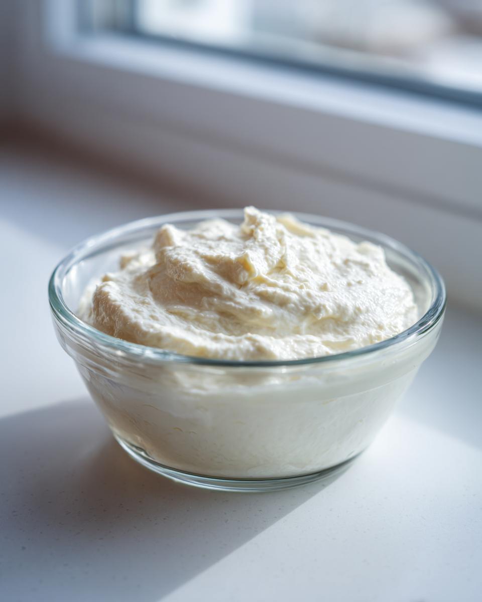 A glass bowl filled with thick, creamy horseradish sauce, set near a bright window.