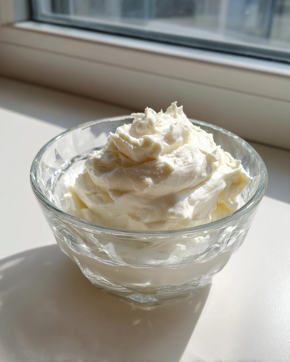 A glass bowl filled with fluffy, white, creamy horseradish sauce, set near a window.