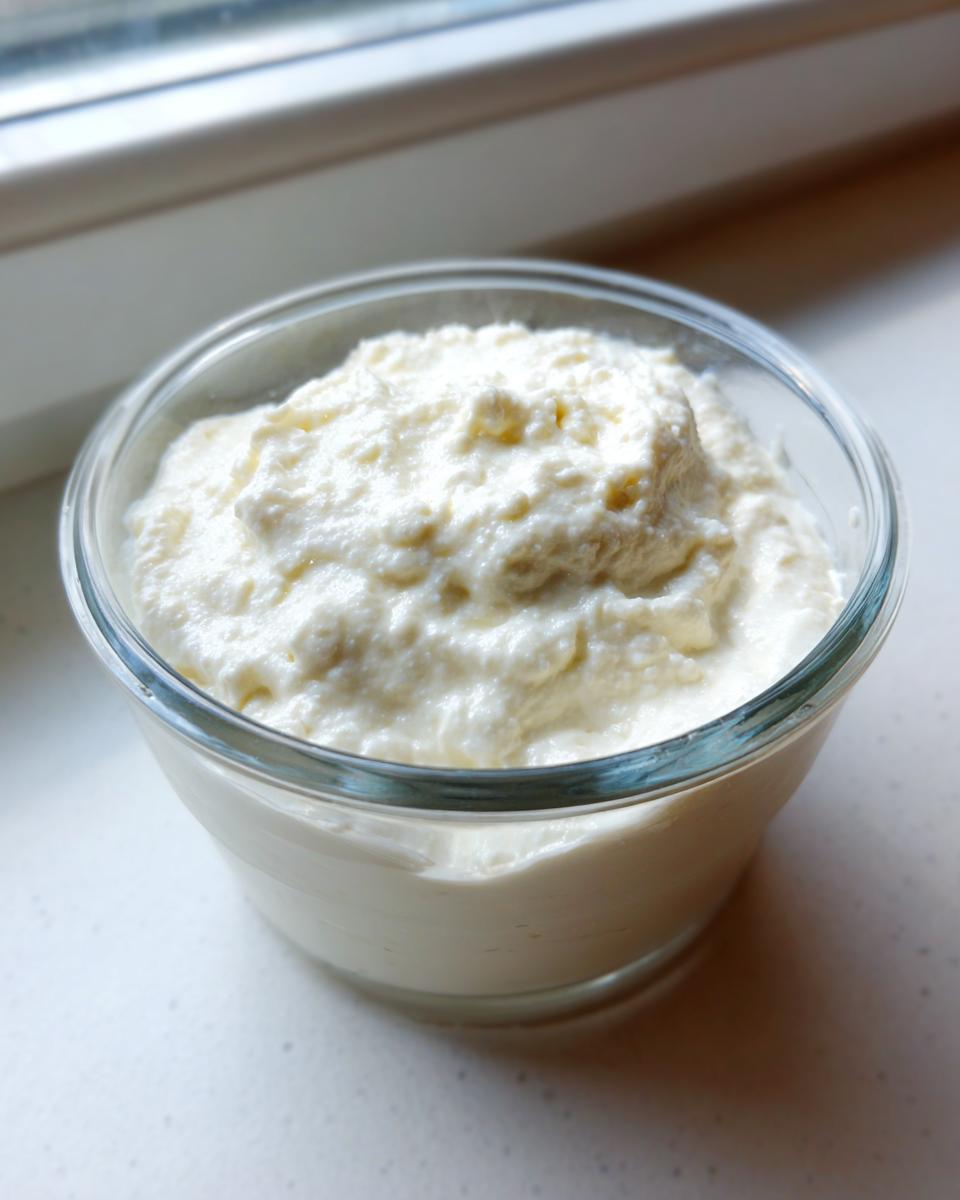 A small glass bowl filled with thick, white, creamy horseradish sauce, sitting on a white counter near a window.