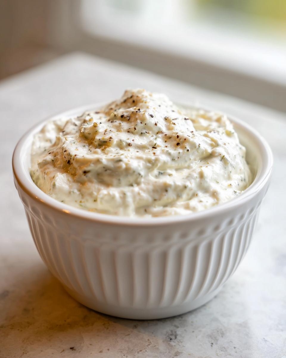 A close-up of thick, white creamy horseradish sauce topped with black pepper in a small white fluted ramekin.