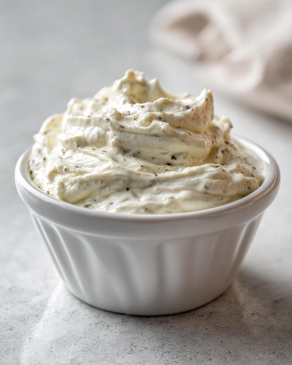 A close-up of freshly whipped creamy horseradish sauce, speckled with pepper, served in a white fluted ramekin.