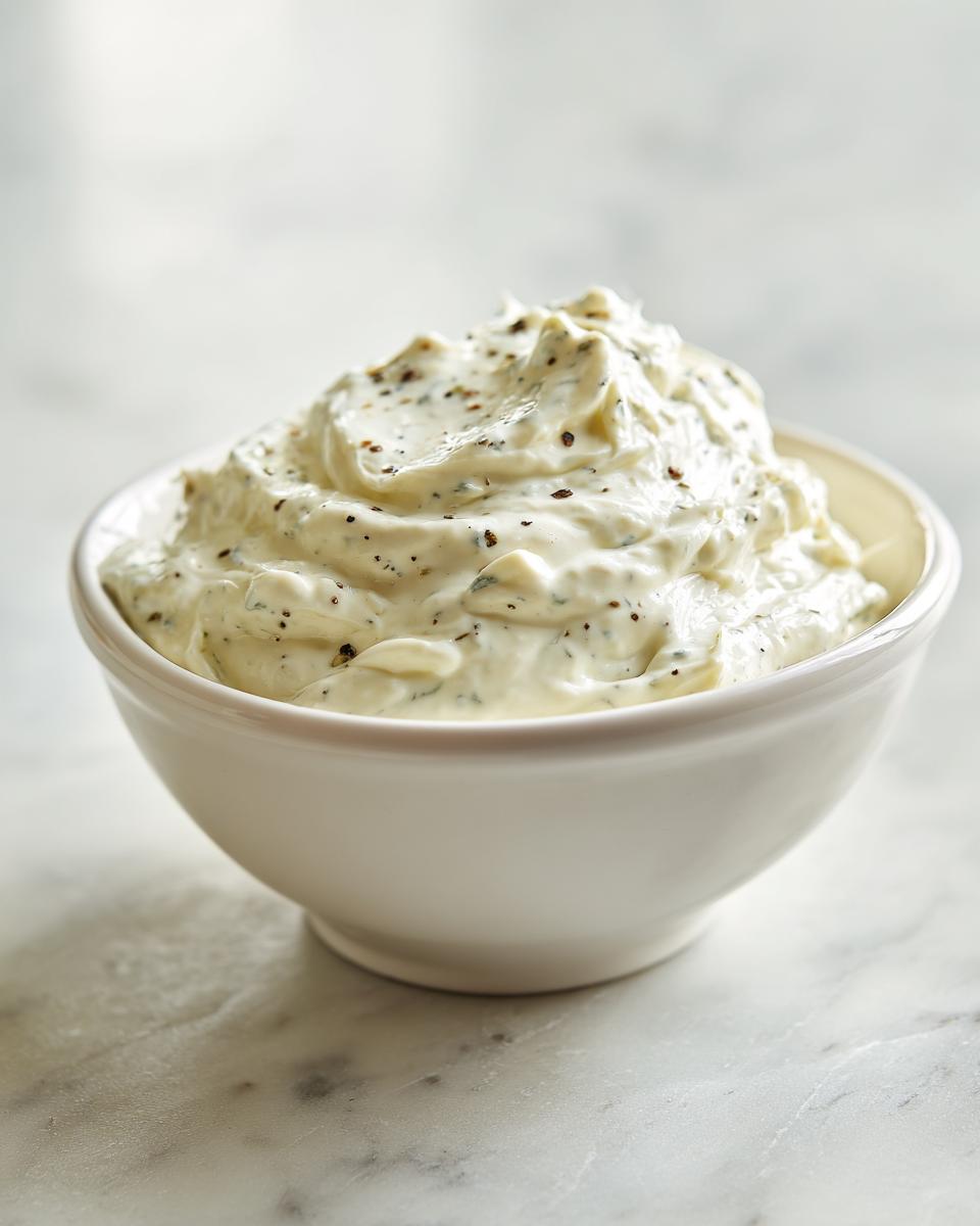 A close-up of a bowl filled with thick, whipped creamy horseradish sauce, speckled with herbs and pepper.