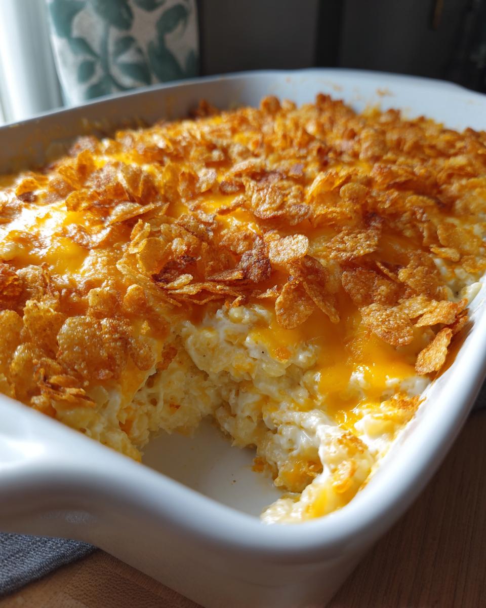 A creamy hot chicken salad casserole in a white baking dish, topped with melted cheddar cheese and crispy cornflakes.