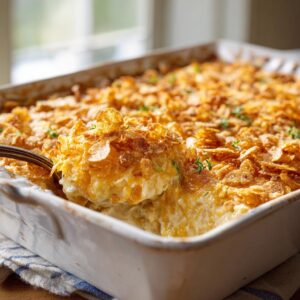 A spoonful of creamy hot chicken salad casserole being lifted from a white baking dish topped with crunchy cornflakes.