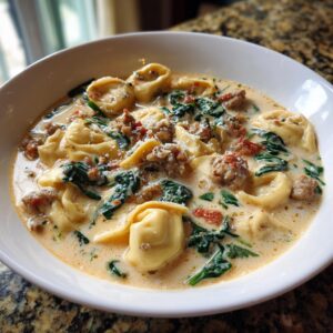 Close-up of a hearty bowl of italian sausage tortellini soup with spinach and cheese.