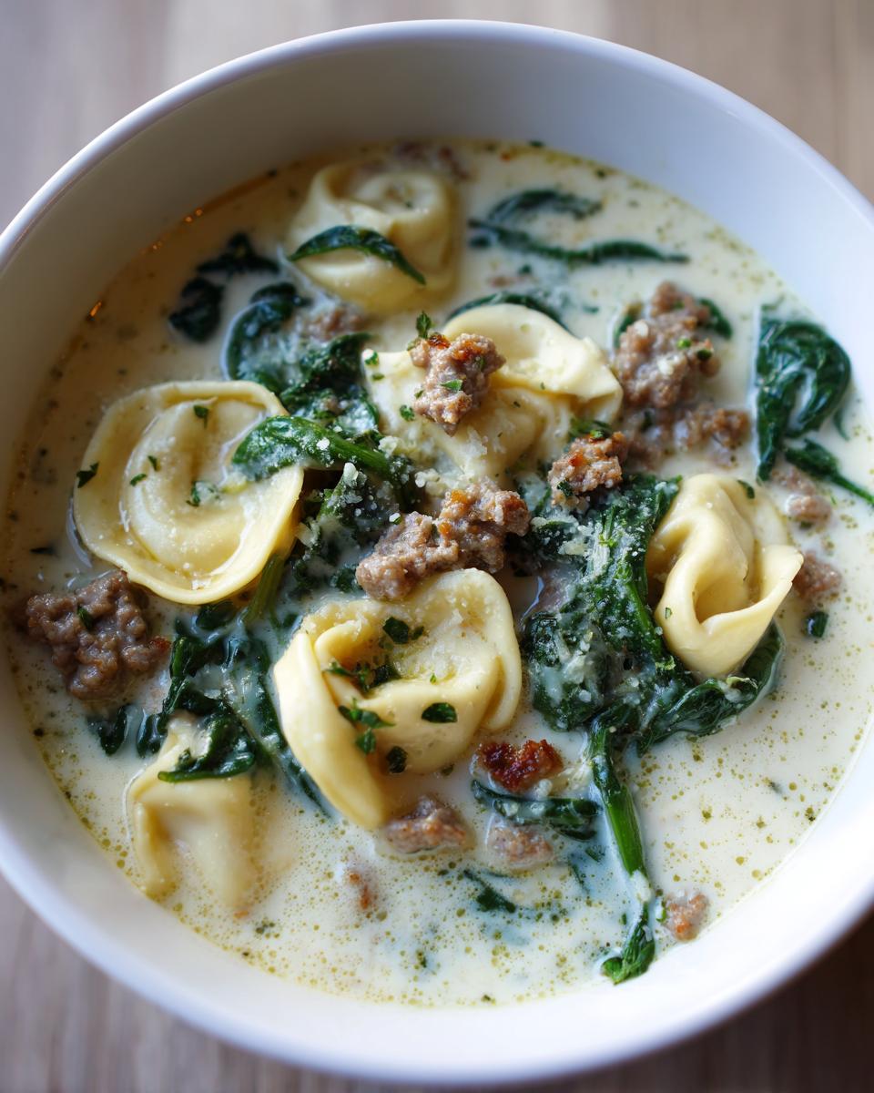 Close-up of a bowl of creamy italian sausage tortellini soup featuring tortellini, spinach, and crumbled sausage.