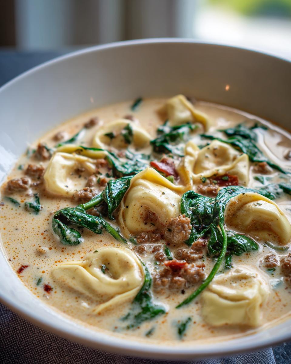 Close-up of a rich, creamy italian sausage tortellini soup filled with tortellini pasta, crumbled sausage, and wilted spinach.