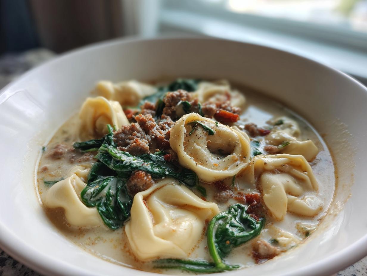 Close-up of a hearty bowl of creamy italian sausage tortellini soup with wilted spinach and ground sausage.