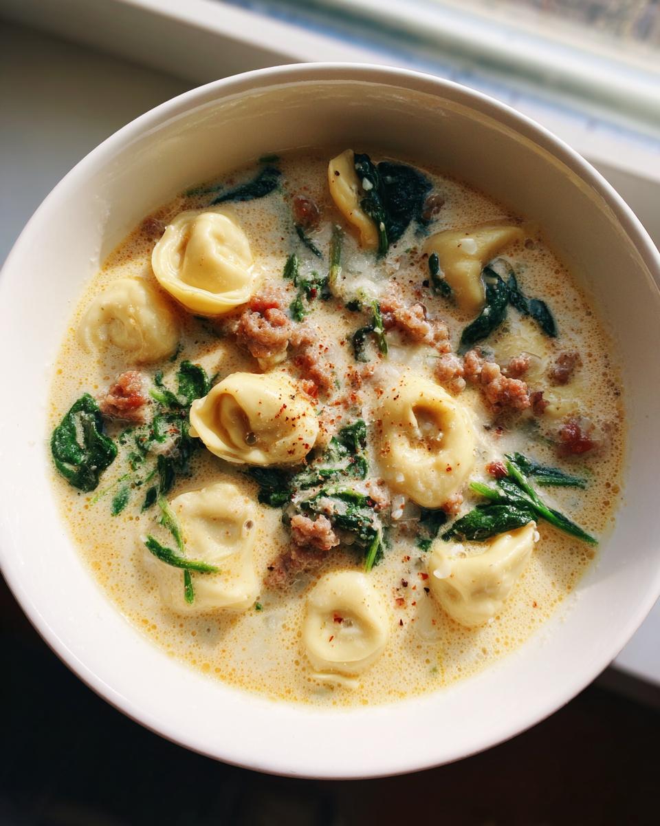 Close-up overhead view of creamy italian sausage tortellini soup with spinach and spices in a white bowl.