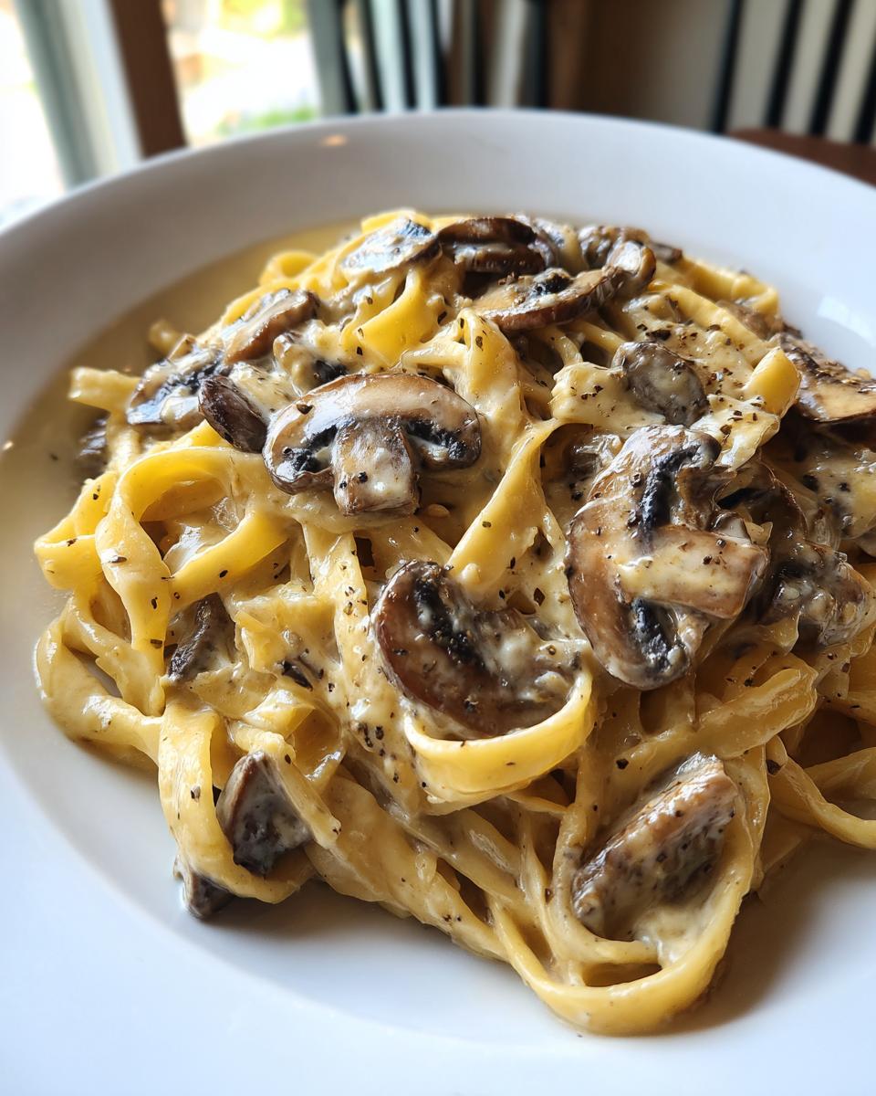 Close-up of creamy fettuccine mushroom pasta coated in a rich sauce and topped with sliced brown mushrooms.