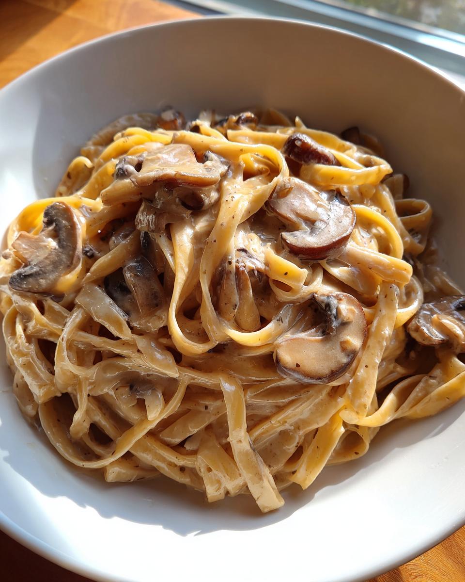 Close-up of creamy fettuccine mushroom pasta coated in a rich sauce, served in a white bowl.