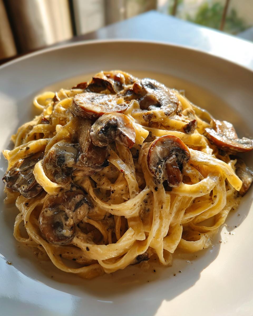 A close-up of creamy fettuccine mushroom pasta generously topped with sautéed sliced mushrooms and black pepper.
