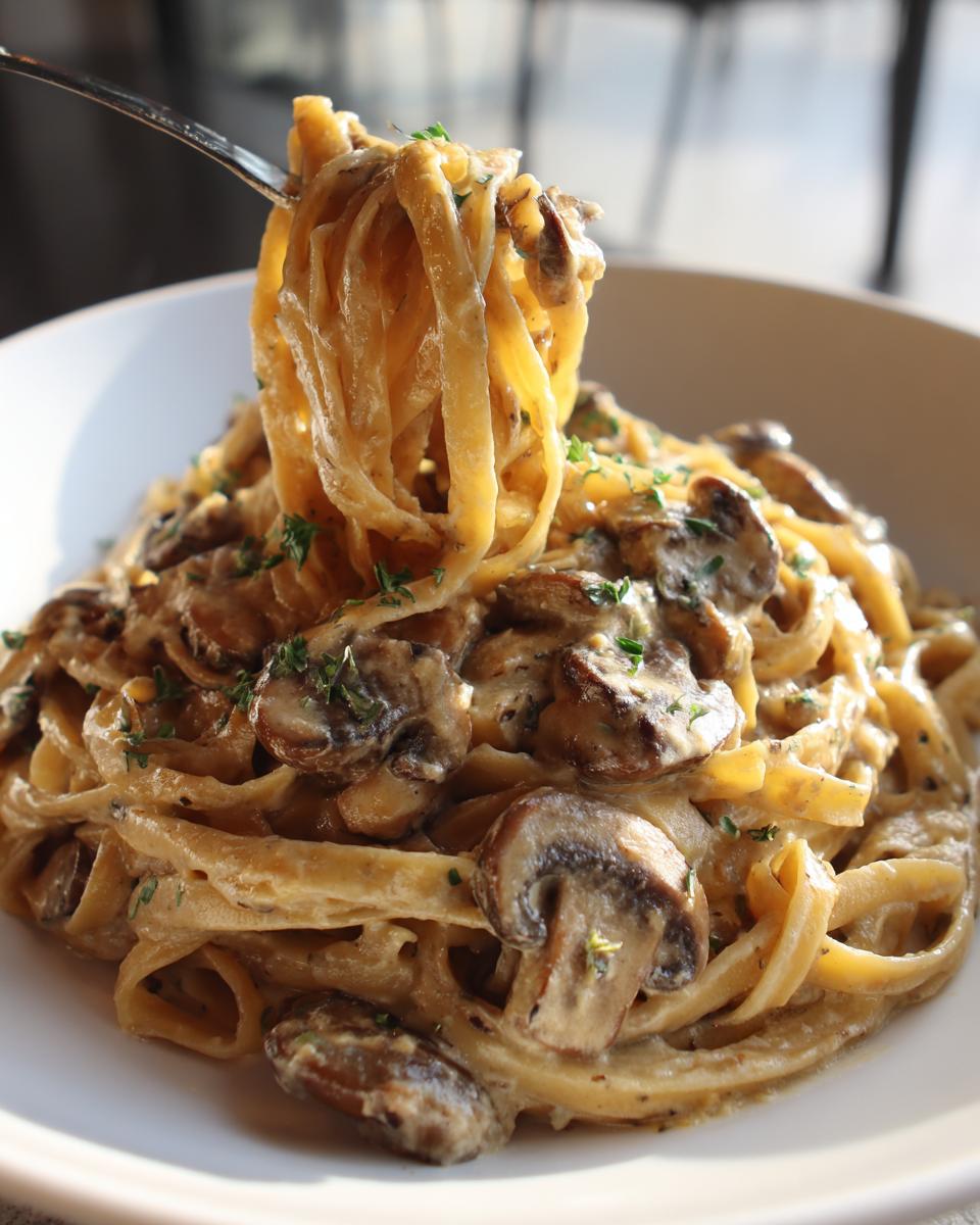 A fork lifts a tangle of creamy fettuccine mushroom pasta from a white bowl, showcasing rich sauce and sliced mushrooms.