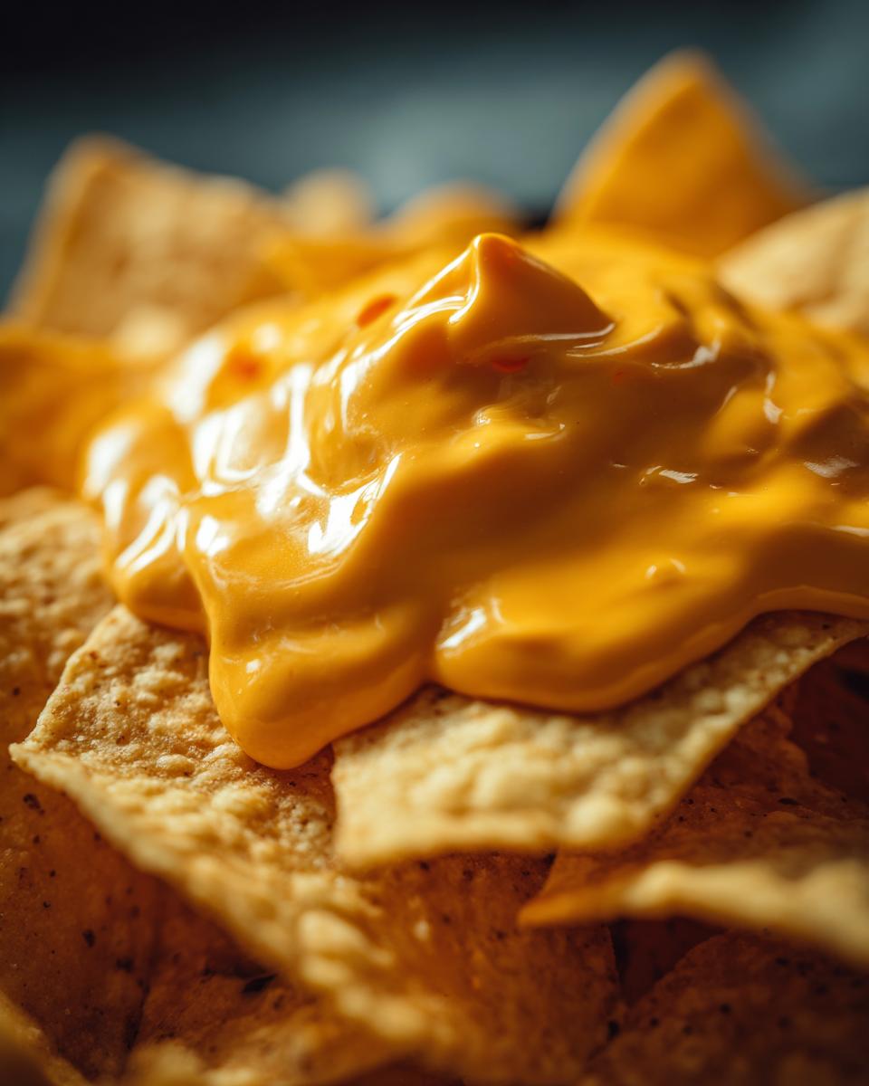 Extreme close-up of thick, bright orange nacho cheese sauce generously poured over a pile of crispy tortilla chips.