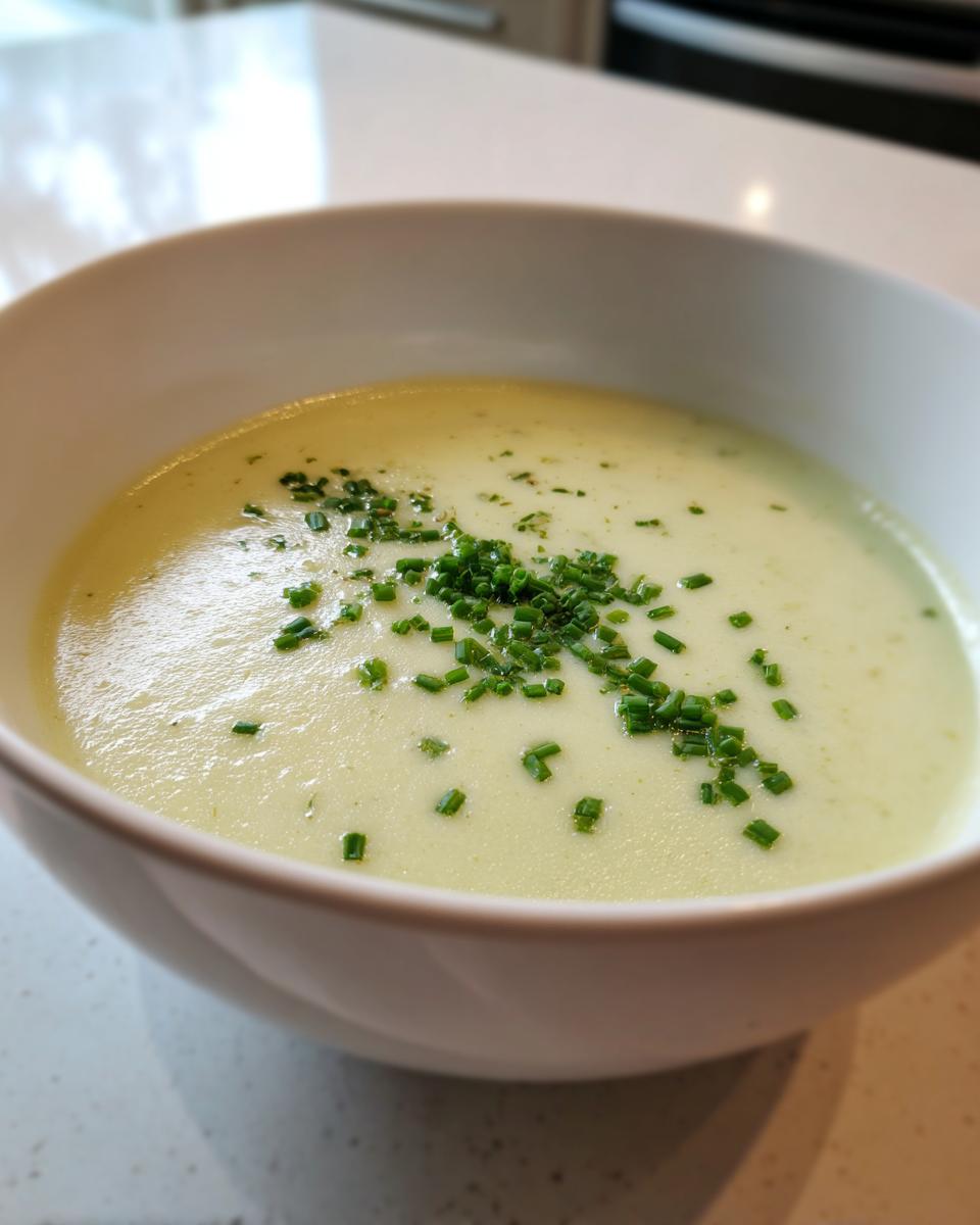 A close-up of a bowl of smooth, creamy potato leek soup topped with freshly chopped green chives.