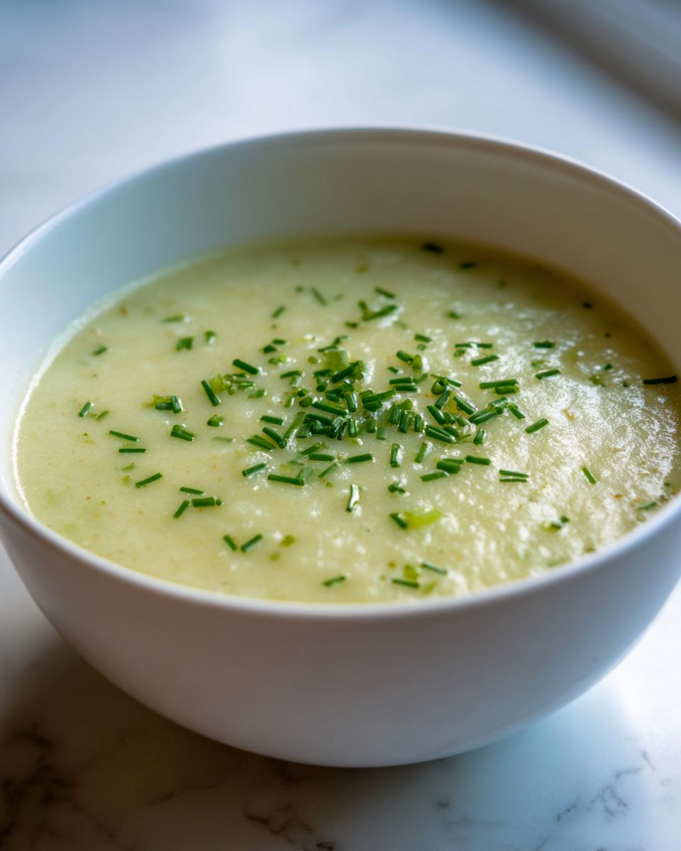 Close-up of a bowl of creamy potato leek soup topped with freshly chopped green chives.