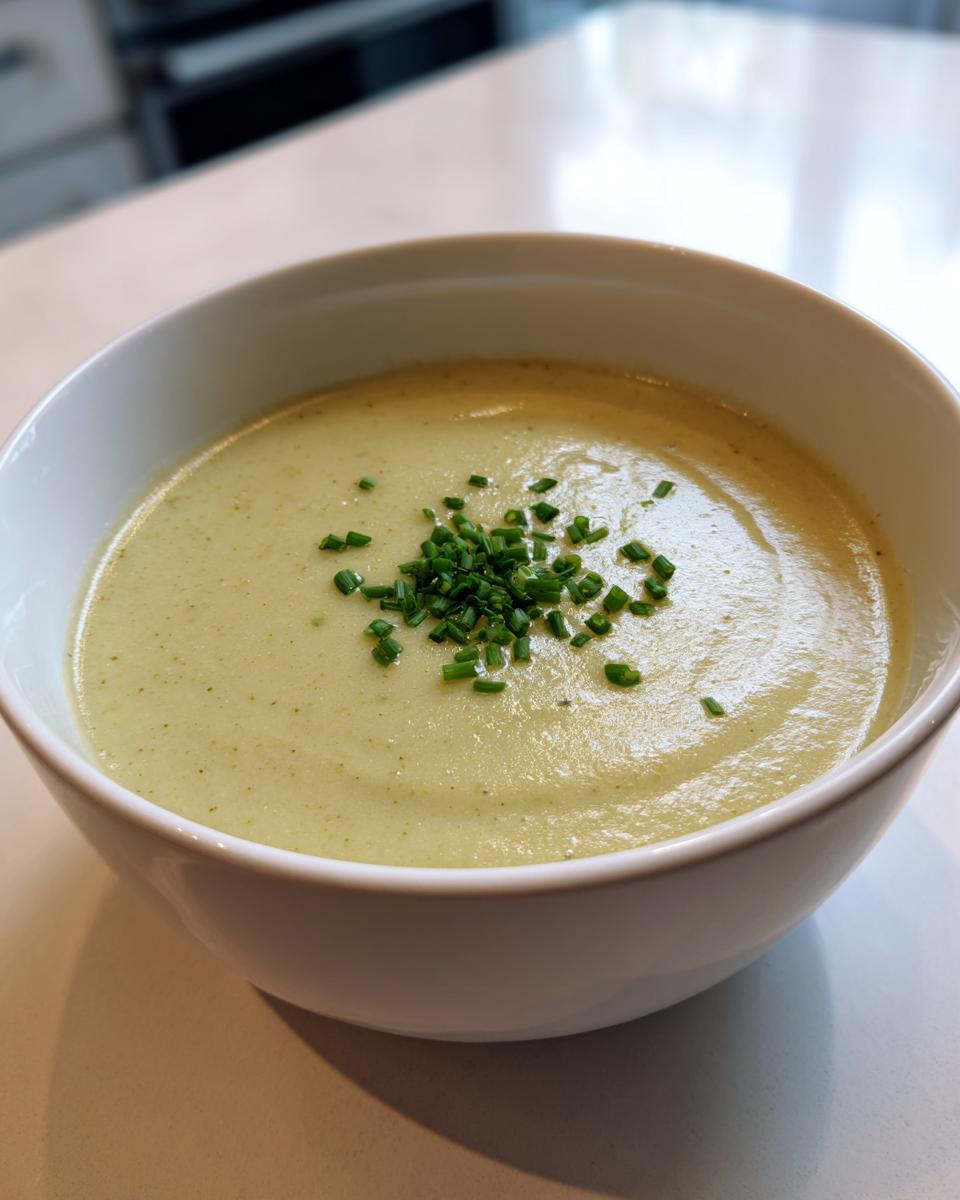 A close-up of a bowl of smooth, creamy potato leek soup topped with freshly chopped green chives.