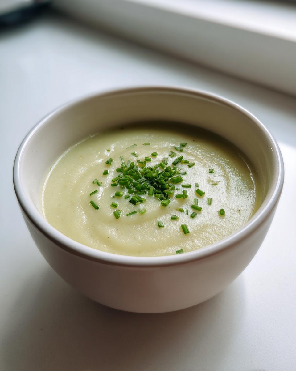 Close-up of a bowl of creamy potato leek soup topped with finely chopped fresh chives.