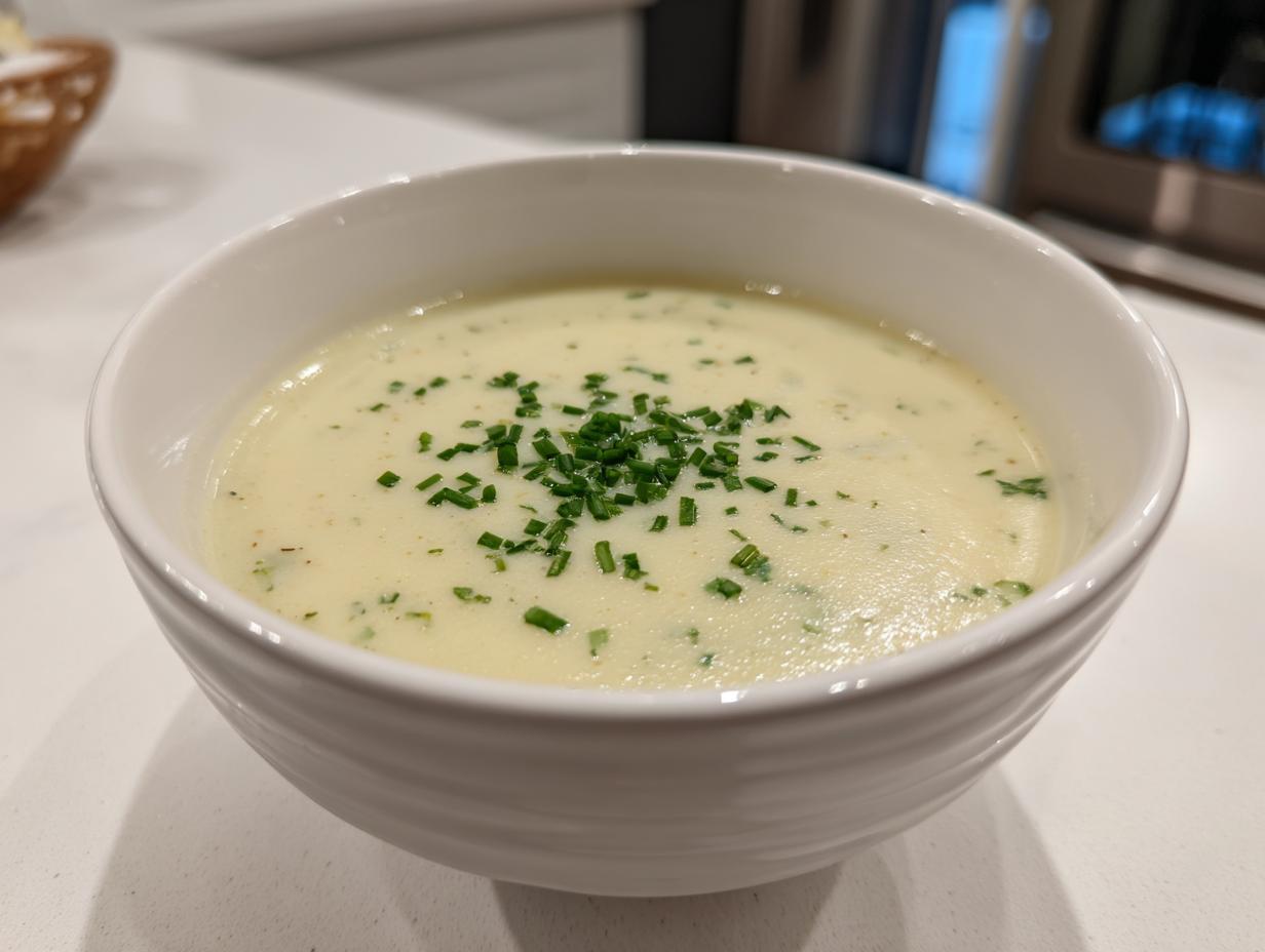 Close-up of a bowl of creamy potato leek soup garnished with finely chopped fresh chives.