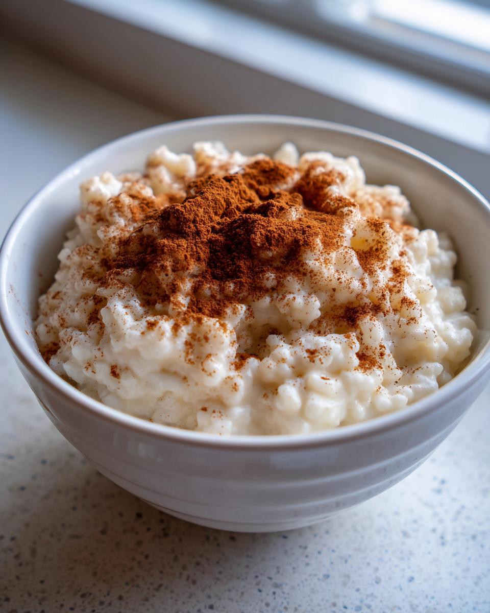 A close-up of creamy rice pudding served in a white bowl and generously dusted with ground cinnamon.