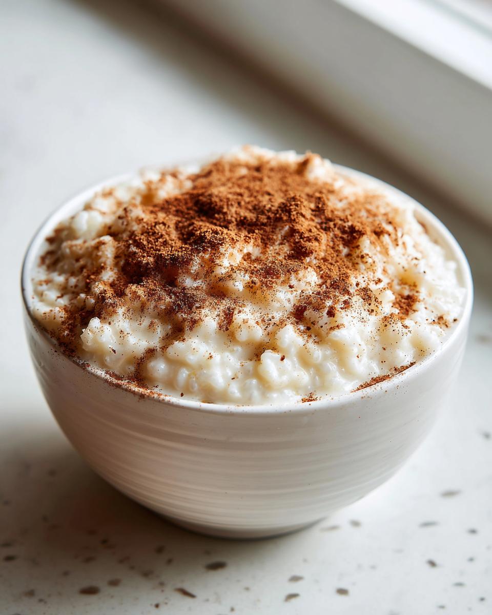 A close-up of creamy rice pudding served in a white bowl and generously dusted with cinnamon.