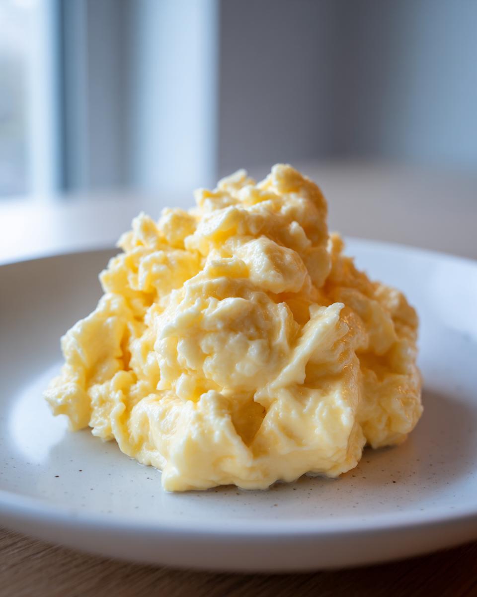 A close-up of a mound of incredibly creamy, pale yellow scrambled eggs served on a light speckled plate.