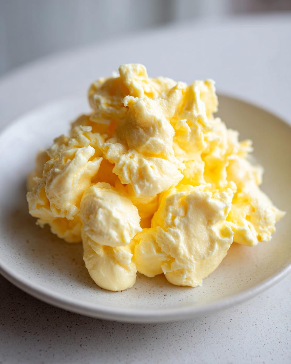 Close-up of perfectly soft and creamy scrambled eggs piled high on a light-colored, speckled plate.