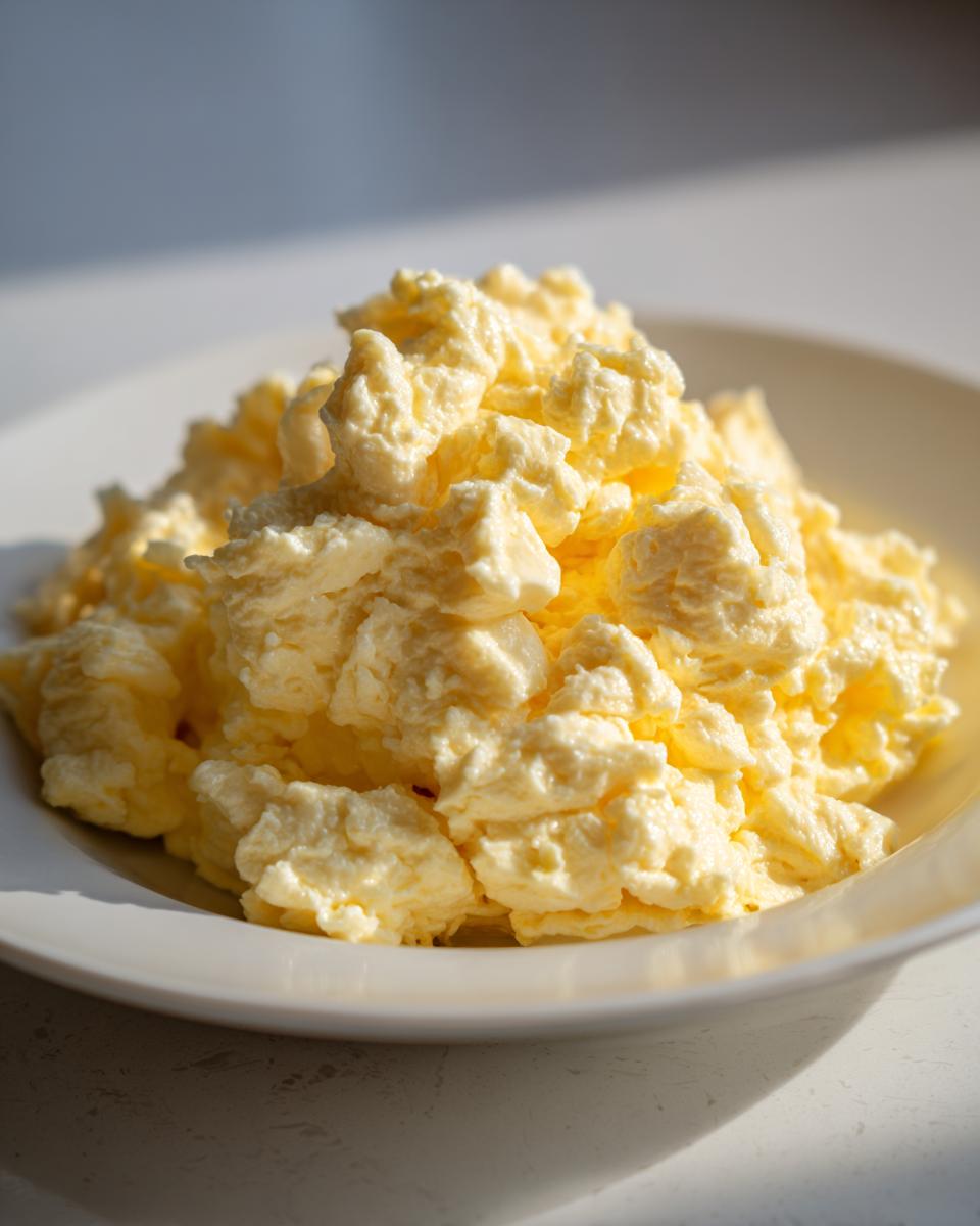 Close-up of fluffy, creamy scrambled eggs piled high on a white plate, showcasing a rich yellow color.